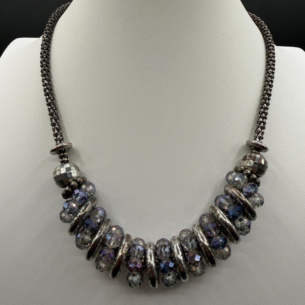Silver Tone Iridescent Crystal Bead Chunky Statement Necklace Glam Vintage Style